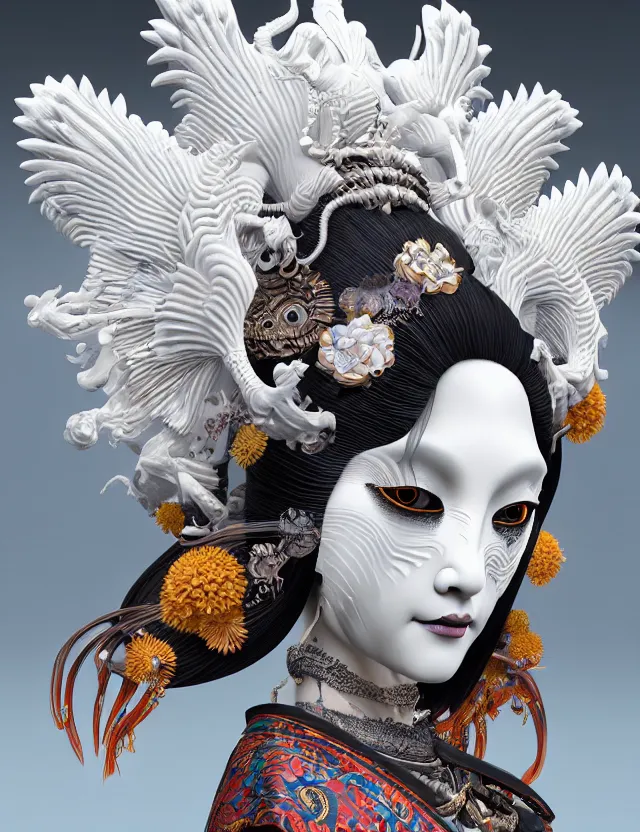 Image similar to 3 d goddess close - up profile simple portrait baroque queen with mohawk with ram skull. beautiful intricately detailed japanese crow kitsune mask and clasical japanese kimono. betta fish, jellyfish phoenix, bio luminescent, plasma, ice, water, wind, creature, artwork by tooth wu and wlop and beeple and greg rutkowski