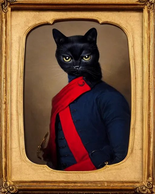 Image similar to portrait of cute dark brown cat with serious expression wearing 1 8 th century royal guard uniform in navy blue and red, joseph ducreux, greg rutkowski, regal, royal, princely, painting