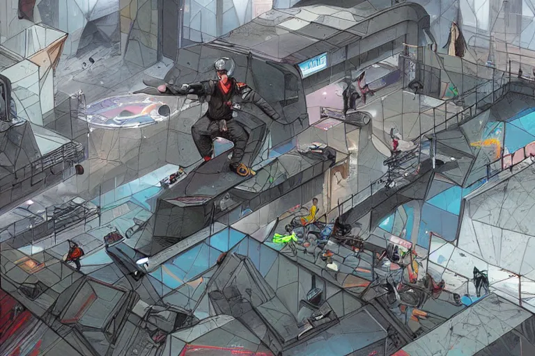 Image similar to a cyberpunk, sci-fi skatepark, trending on art station, detail, dystopian