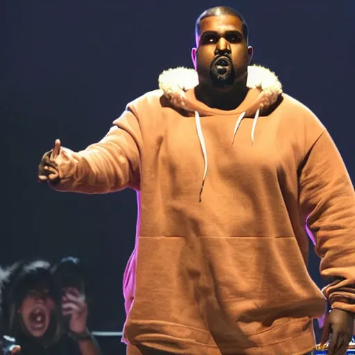 Prompt: obese kanye west rapping on stage