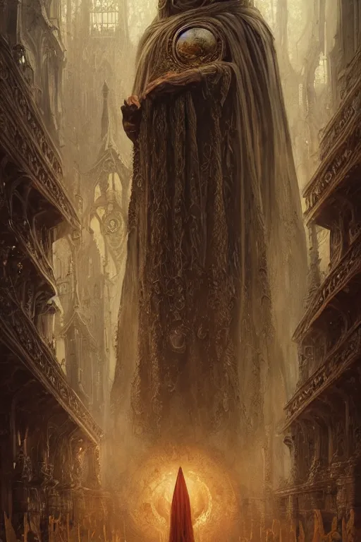 Image similar to The Great Wizard returns to the magic world after 4000 years, realistic, fantasy, intricate, elegant, highly detailed, digital painting, artstation, concept art, smooth, sharp focus, illustration, magic, occult, spells, symmetry, masterpiece, art by Marc Simonetti, by Greg Rutkowski, by Alphonse Mucha