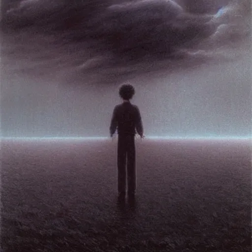 Image similar to killua zoldyck made by zdzisław beksinski, thunderstorm, 8 k, detailed, cinematic, rain, crying, black