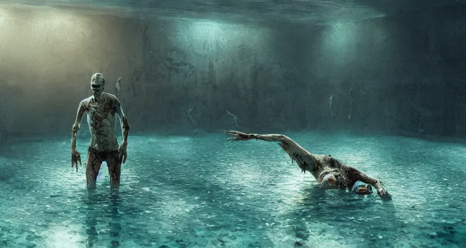 Image similar to highly detailed full body portrait of a zombie swimming underwater in a zombie - apocalypse, in a swimming pool, by greg rutkowski, octane render