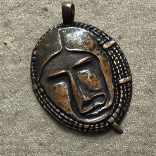 Prompt: “Old original viking age bronze pendant, found from a burial site, detailed studio photograph”