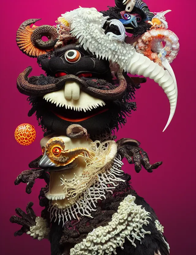 Prompt: 3 d muppet half - turn portrait with ram skull. beautiful intricately detailed japanese crow kitsune mask and clasical japanese kimono. betta fish, jellyfish phoenix, bio luminescent, plasma, ice, water, wind, creature, artwork by tooth wu and wlop and beeple and greg rutkowski