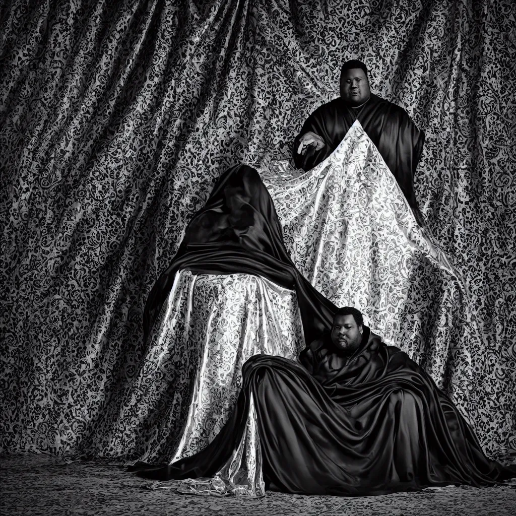 Image similar to one Large black man sitting on throne wrapped in silk, background made of large folding silky curtains, dark, 8K photo realistic, black and white color, dimly lit, top light, dark