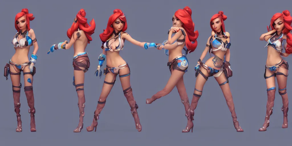 Image similar to Character sheet of pool party miss fortune (League of Legends). 3d, unreal engine 5, trending on artstation