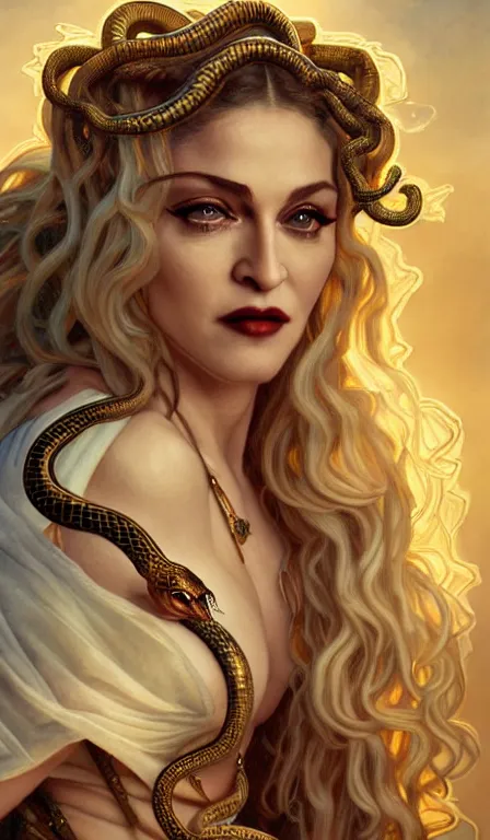 Image similar to Madonna, the singer, as Medusa snakehair closeup, D&D, fantasy, intricate, elegant, highly detailed, digital painting, artstation, concept art, matte, sharp focus, illustration, hearthstone, art by Artgerm and Greg Rutkowski and Alphonse Mucha tarotcard