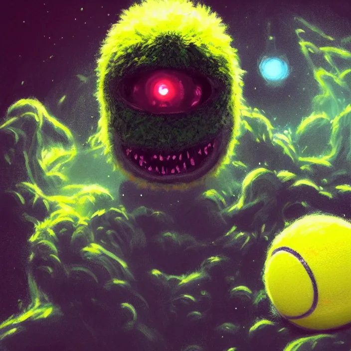 Image similar to cinematic portrait of a cute tennis ball monster in the abyss of space, chalk, masterpiece, trending on artstation, featured on pixiv, cinematic composition, dramatic pose, beautiful lighting, sharp details, hyper - detailed, hd, hdr, 4 k, 8 k, art by basil gogos