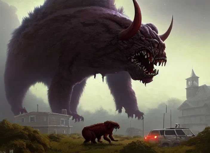 Image similar to giant monstrous aggressive furry creature lurking over a cowering smaller creature, in the foreground a small town, epic science fiction horror digital matte painting by Simon Stalenhag and Mark Brooks (and Greg Rutkowski), extremely detailed, artstation