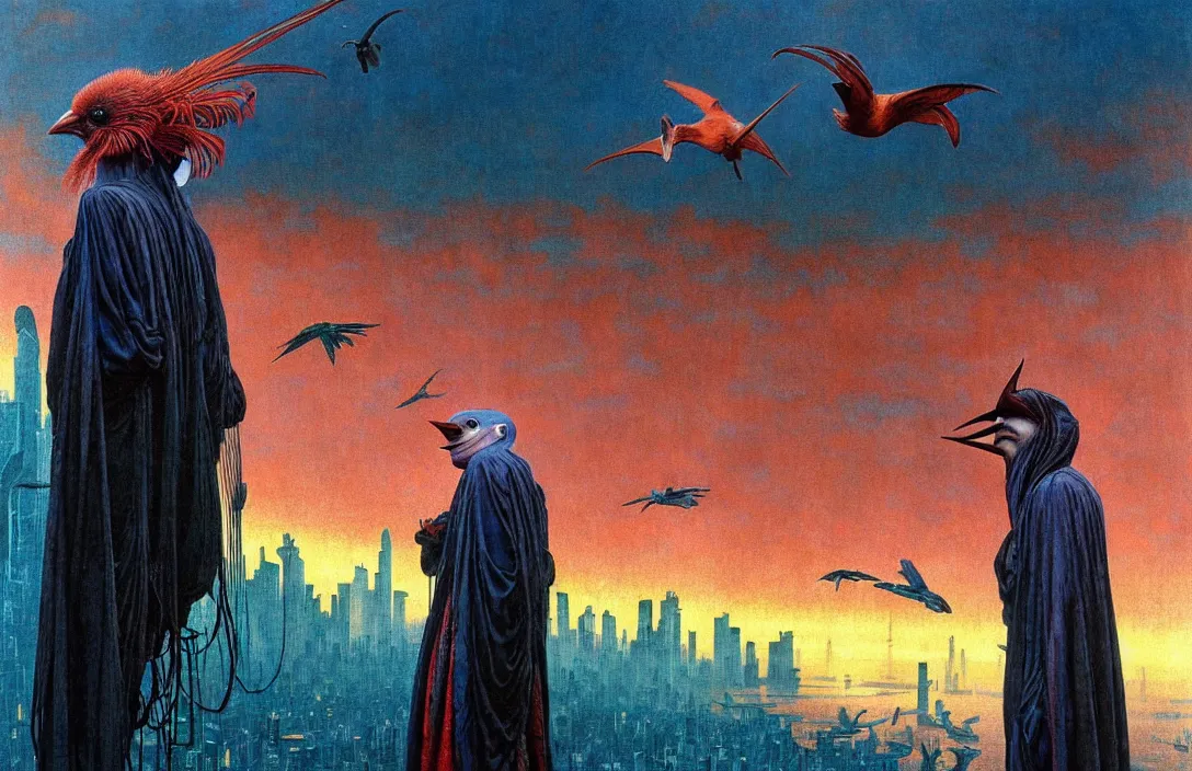 Image similar to realistic detailed portrait movie shot of a birdman wearing dark ragged robes, futuristic city sunset landscape background by denis villeneuve, amano, yves tanguy, alphonse mucha, ernst haeckel, max ernst, wayne barlowe, masterpiece, rich moody colours, bird head, blue eyes, hyperdetailed