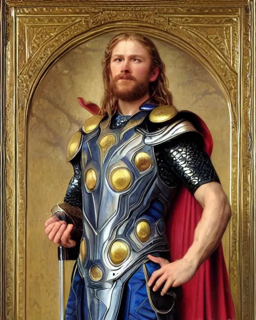Prompt: thor, dressed in ornate, detailed, intricate iridescent opal armor, detailed oil painting by william adolphe bouguereau and donato giancola