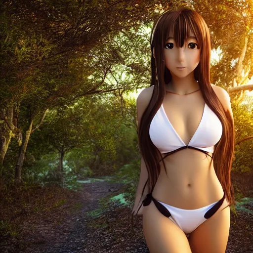 Prompt: real life photo of a beautiful anime girl in bikini, full body photoshoot, long brown hair, brown eyes, full round face, short smile, long sleeved belly free brown shirt, forest setting, cinematic lightning, medium shot, mid - shot, highly detailed, trending on artstation, unreal engine 4 k, 8 0 mm, 8 5 mm, cinematic wallpaper