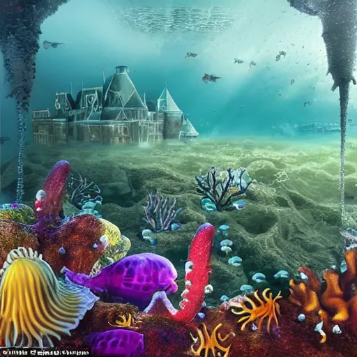 Image similar to a majestic view of a sprawling victorian castle submerged 1 0, 0 0 0 feet under the sea surrounded by octopii, starfish, seahorses, tropical fish