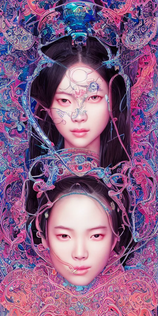 Image similar to the portrait of an absurdly beautiful, graceful, elegant, sophisticated, fashionable young asian girl with third eye in the middle of her forehead, an ultrafine hyperdetailed illustration by kim jung gi, irakli nadar, intricate linework, bright colors, final fantasy, unreal engine 5 highly rendered, global illumination, radiant light, detailed and intricate environment tubes and cables