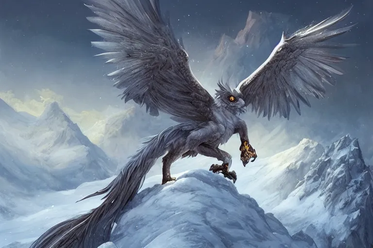 Image similar to Snow gryphon on a beautiful fantasy landscape, mountainside, winter, moonlit, HD, illustration, epic, D&D, fantasy, intricate, elegant, highly detailed, digital painting, artstation, concept art, smooth, sharp focus, illustration, wallpaper, art by artgerm and greg rutkowski and alphonse mucha and jin xiaodi