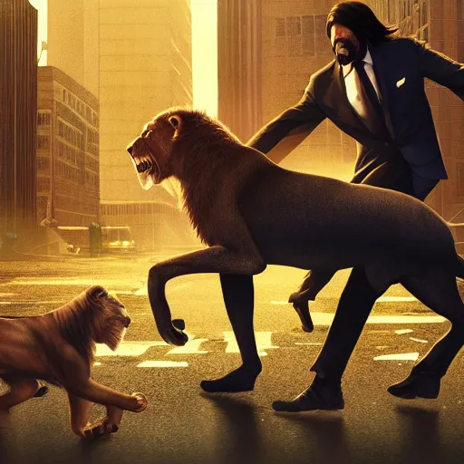 Prompt: a lion attacking john wick in an abandoned urban metropolis, 4 k