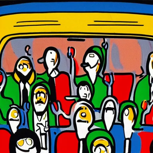 Image similar to orthodox jews in a bus on a hot summer by keith harring