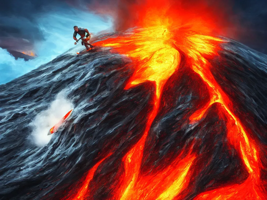 Image similar to portrait of a arnold schwarzenegger surfing inside erupting volcano, lava splashes, stunning scene, 8 k, extremely detailed digital painting, depth, bright colors, trending on artstation