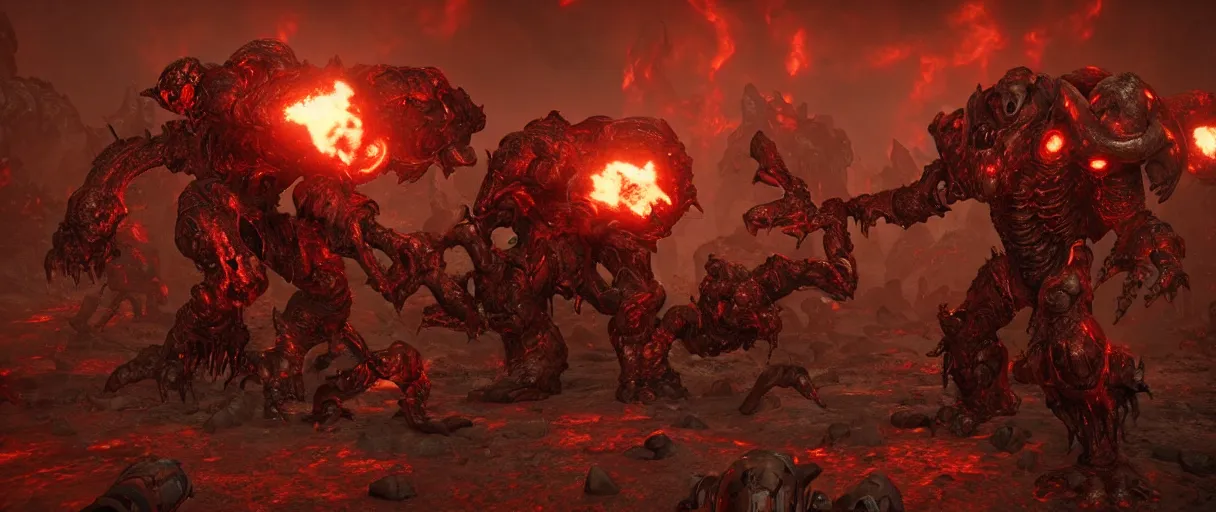 Image similar to doom slayer defeating hordes of demons and creatures on Urdak, wide shot, high detail, photorealistic, “doom eternal”, unreal engine