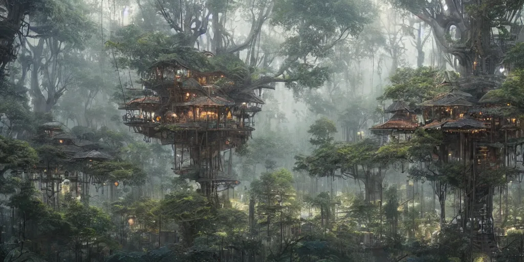 Image similar to a vast treehouse city built in an ancient forest, greg rutkowski, 8 k, shallow depth of field, intricate detail, concept art,