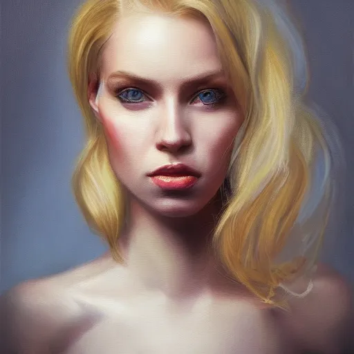 Prompt: a portrait of a blonde woman with strong features, dramatic lighting, oil painting, pale colors, high detail, 8 k, wide angle, trending on artstation,