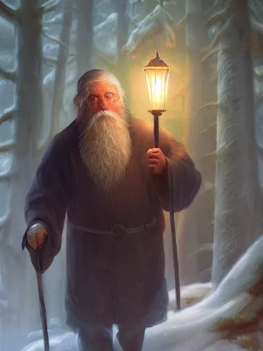 Prompt: a sad old master, full white beard, walking with a lantern and a staff tought the woods. intricate, elegant, highly detailed, digital painting, artstation, concept art, sharp focus, illustration, by justin gerard and artgerm, 8 k