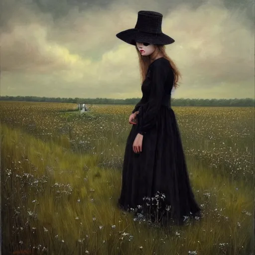 Image similar to a girl standing in a field, wearing black old dress and hat, by andrea kowch, andrea kowch style painting, dark, scene, magicrealism, flowers in background,