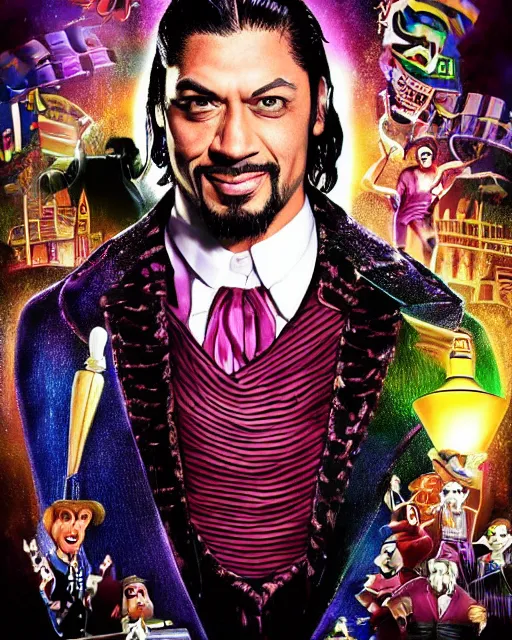 Image similar to Roman Reigns as Willy Wonka, digital illustration portrait design, detailed, gorgeous lighting, wide angle action dynamic portrait