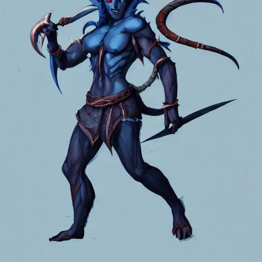 Image similar to D&D character concept art of a tiefling, tiefling rogue, blue skin color with short horns and a devil tail, casual pose of a Rogue holding daggers, full body pose, soft colors, fantasy, intricate, elegant, highly detailed, digital painting, artstation, concept art, smooth, sharp focus, illustration, wide angle shot, full body visible, art by artgerm and H R Giger and alphonse mucha