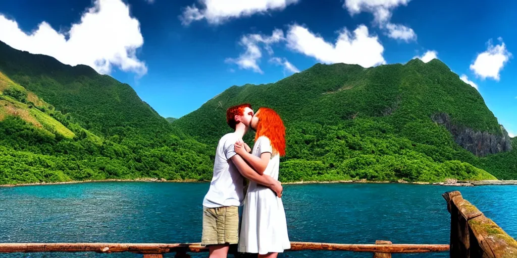 Image similar to photo realism, beautiful nature, sunny day, sunshine lighting high mountains, which are higher than white fluffy clouds with green trees on top, a small wooden bridge connecting two mountains, a loving couple a redhead girl in a blue dress and dark hair man in white t-shirt and black shorts holding hands and kissing, ocean beneath the mountains with clear blue water, whales showing from the waves, cinematic, 8k, highly detailed