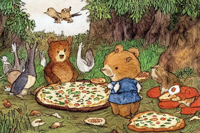 Image similar to a detailed and lively children's book illustration by beatrix potter of lots of woodland animals having a pizza party in the woods. a big pizza oven is tended by a large brown grizzly bear, and a stork flies above. digital art, trending on artstation.