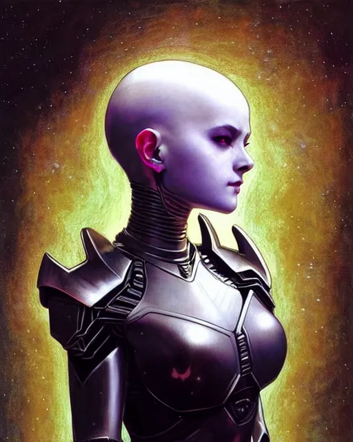 Prompt: portrait of beautiful cute young maiden goth cyborg girl with short white hairs in warhammer armor, art by ( ( ( kuvshinov ilya ) ) ) and wayne barlowe and gustav klimt and artgerm and wlop