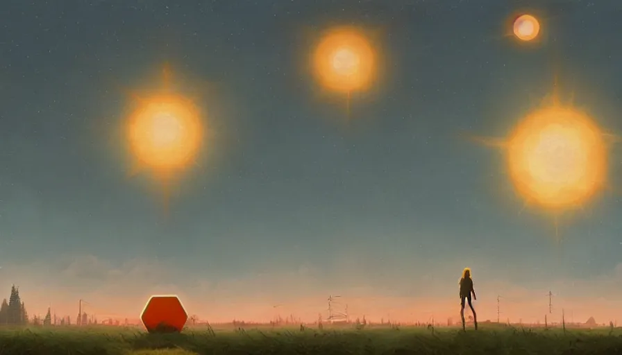 Image similar to giant hexagon in the sky in front of the sun, simon stalenhag