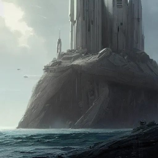 Image similar to star wars concept art by greg rutkowski, a palatial and imposing grey wide tower emerging from the sea in the middle of a ocean landscape, enigmatic atmosphere, beautiful and cinematic lighting, artstation hq.