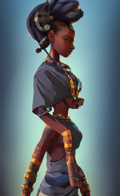 Prompt: tribal afrika teenage hacker, Video game character design , asymmetrical, profile, 2d game fanart behance hd by Jesper Ejsing, by RHADS, Makoto Shinkai and Lois van baarle, ilya kuvshinov, rossdraws global illumination