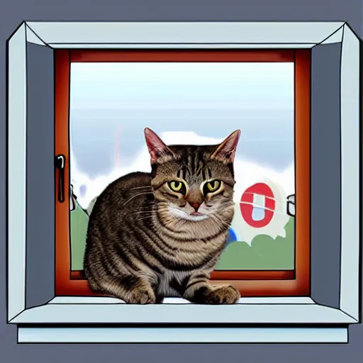 Prompt: a tabby cat looking trought the window, at a nuclear exlosion, digital art