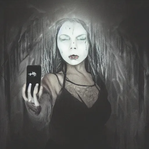 Image similar to selfie of a woman in a dark room!!!!!, photorealistic, grim and gloomy lighting, selfie!!!!!, spooky filter, halloween atmosphere, halloween art style, 4 k, 8 k