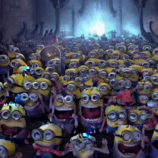 Image similar to POV of a group of minions chasing you and trying to eat you. The minions are carrying torches and pitchforks. The minions are very angry. concept art, sharp lighting, 4k, detailed, Peter Jackson, Ridley Scott, bright colors