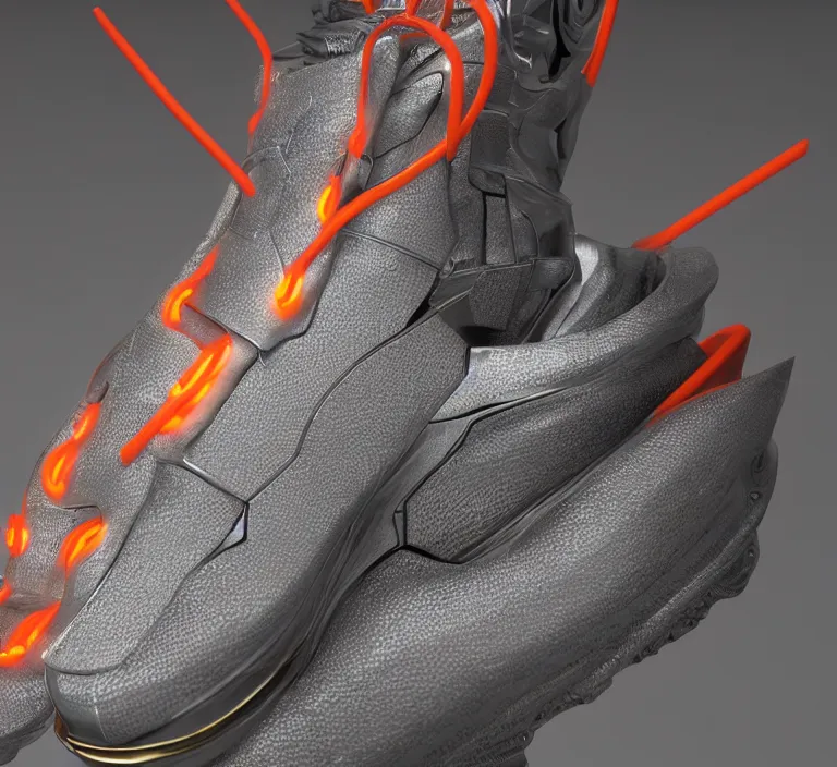 Image similar to realistic 8 k sculpture of one futuristic sneaker with neon illuminated rubber soles and soft orange laces on a grey surface, clean 3 d render, beautiful studio lighting, soft, sharp focus, cyberpunk, intricate detail, gold and red filigree, soft rubber, octane render, trending on artstation, deviantart, art by wright and syd mead and mullins