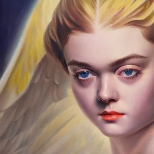 Image similar to ultra realistic portrait painting of elle fanning as an angel, art by frank frazetta, 4 k, ultra realistic, highly detailed, epic lighting