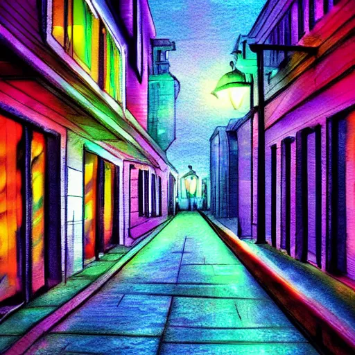 Image similar to Happiness in a dark city alley, digital art