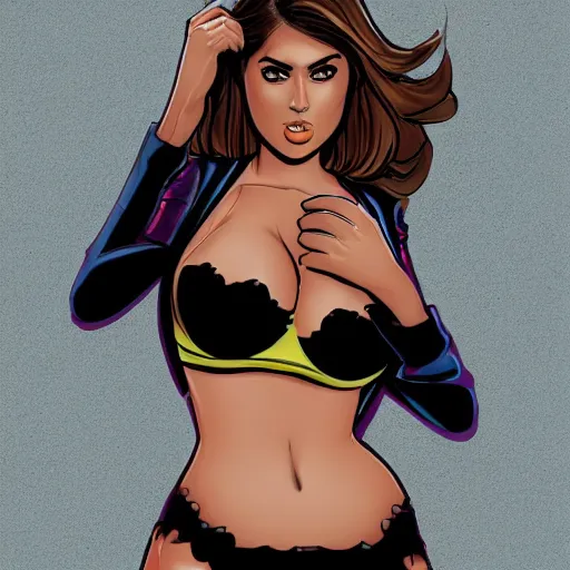 Prompt: mix of kate upton, yanet garcia, and salma hayek, attractive super spy infiltrating a base, digital comic art, full body shot, slim, tight fit, danger girl, sydney savage