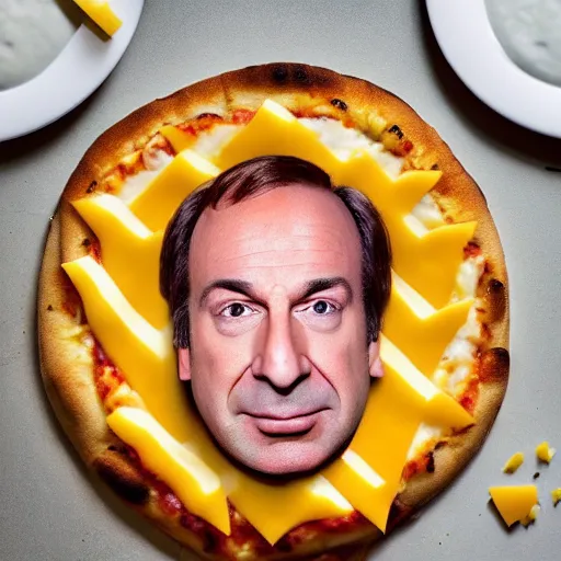 Prompt: a photo of a saul goodman face made of cheese in a pizza, food photo, professional food photo, iphone, 4 k