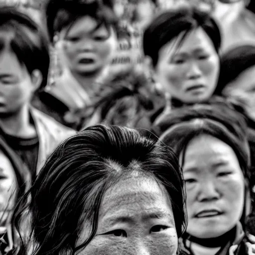 Image similar to hunnic protester face elongated cranium mongolian hair style photo black and white wide angle lense