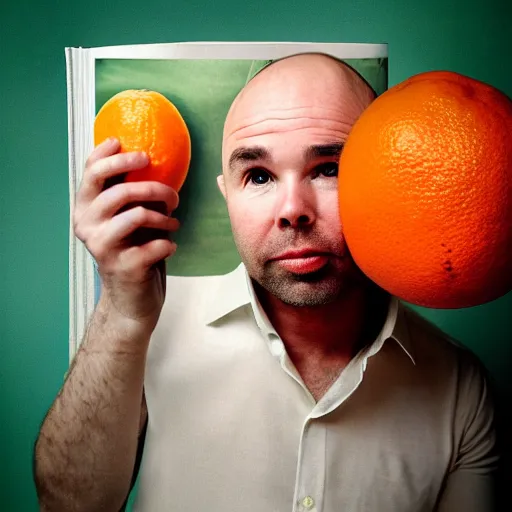 Prompt: award winning portrait of Karl Pilkington holding an orange, on the cover of a magazine, Hasselblad photograph, soft focus, f1.2,
