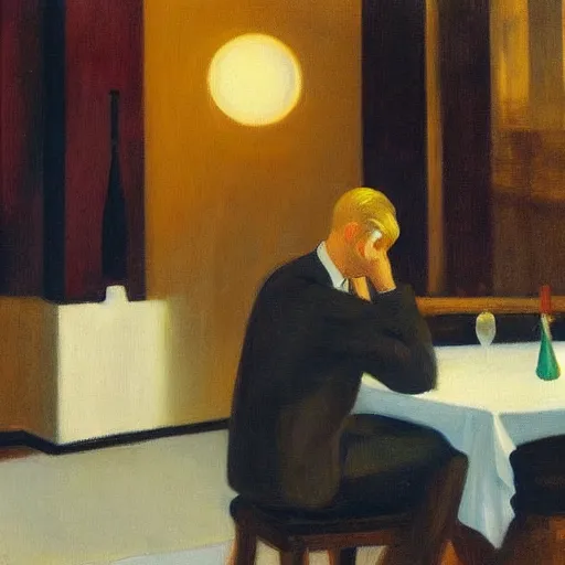 Prompt: a detailed painting, blonde man at a dinner table alone, dramatic lighting, edward hopper,