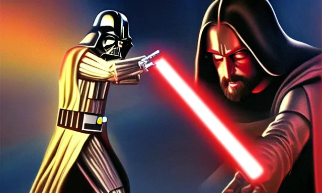 Image similar to full shot photograph of super jesus christ defeating darth vader, using a cross - shaped gold lightsaber, photorealistic, cinematic lighting, extremely detailed, star wars