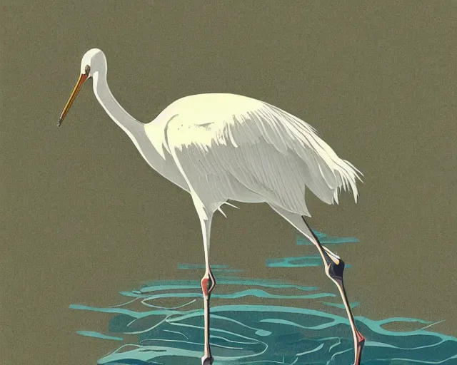 Prompt: a white crane bird hunting in shallow water by abandoned greek architecture, close up, digital art, illustrated by james gurney and victo ngai