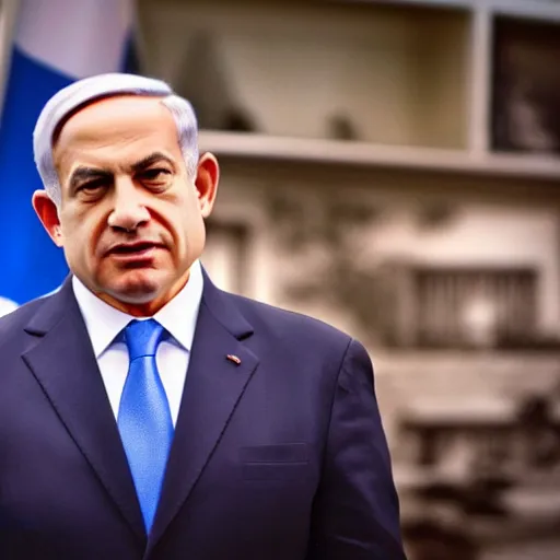 Prompt: fish eye lens photo of benjamin netanyahu looking at the camera curiously